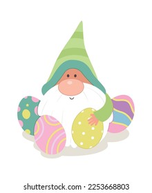 Cute easter gnome with colorful eggs flat icon. Vector illustration