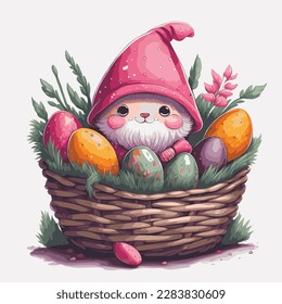 Cute Osterbrunnen mit einem Eierstockkorb, Vektorgrafik