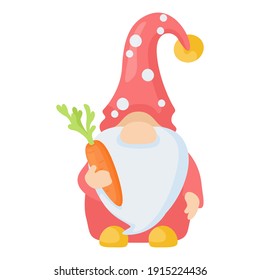 Cute Easter gnome holding carrot. Colorful funny easter dwarf isolated on white.