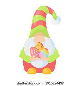 Cute Easter gnome holding Easter eggs. Colorful funny easter dwarf isolated on white.