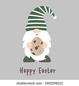Cute Easter gnome holds an egg in his hands. Baby dwarf Easter decor. Isolated on dark background.
