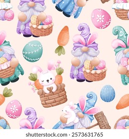 Cute Easter gnome illustration seamless pattern