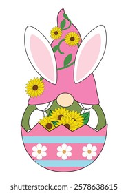 Cute Easter Gnome wears a hat of flowers in an easter egg. Vector illustration.