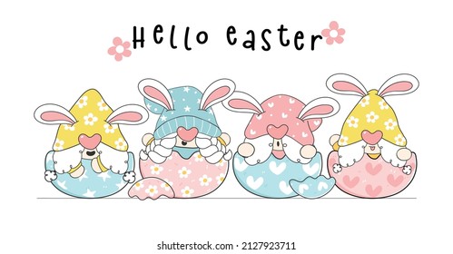 Cute Easter gnomes in egg cartoon doodle character hand drawing illustration.