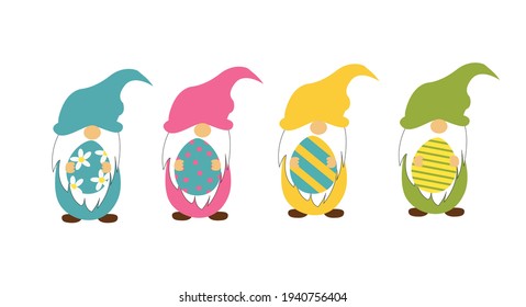 Cute easter gnomes with eggs isolated on white. Set vector illustration for card, print, spring poster