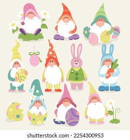 Cute easter gnomes flat icon. Cartoon elements for decor. Fairytale small garden ornament. Holiday decor element. Eggshell, chamomile flower and carrot plant. Color isolated illustrations