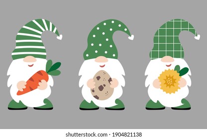 Cute Easter gnomes hold different things in their hands: carrot, quail egg, spring yellow dandelion flower. Holiday set. Baby dwarf Easter decor. Isolated on dark background.