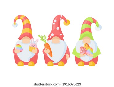 Cute Easter gnomes holding different Easter things.  Colorful funny easter dwarfs with easter eggs, carrot and muffin. Isolated on white.