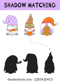 Cute Easter gnomes shadow matching activity for children. Simple educational game for kids with leaves. Find the correct silhouette printable worksheet. Happy Easter.