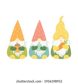 Cute Easter gnomes. Spring gnomes with Easter eggs, flowers, cakes