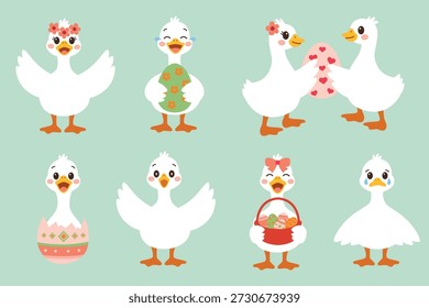Personagens bonitos de ganso de Páscoa definidos em estilo vetorial plano Gansos adoráveis com ovos ilustração vetorial fofa Personagens de ganso Tema de Páscoa ilustração vetorial plana