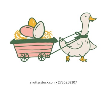 Cute Easter goose pulling a wooden wagon with spring eggs in a rustic farmhouse style. Ideal for holiday greeting cards, nursery wall art, and children's book illustrations.