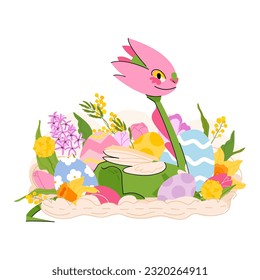 Cute Easter green dragon with eggs and spring flower. The symbol of the year of dragon. Vector illustration cartoon magic creature