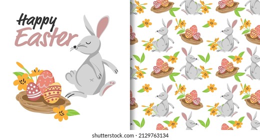 Cute Easter greeting banner and seamless pattern of rabbit with Easter eggs on bird nest and flowers with leaves on white background. Vector illustration.
