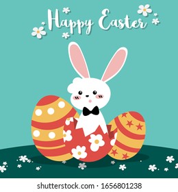 Cute Easter greeting banner of white rabbit with Easter eggs on field with tiny flowers and Happy Easter text. Vector illustration of Easter cartoon.