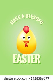 Cute easter greeting card with 3D chick character on a green background. Easter egg character. Vector illustration