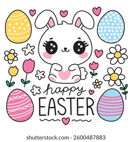 Cute Easter Greeting Card with Adorable Kawaii Bunny Rabbit, Colored Eggs, Flowers and Hearts with Black Outline