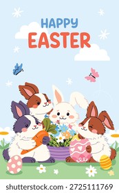Bonito cartão comemorativo de Páscoa com coelhos adoráveis. Coelhinhos felizes com ovos, flores e cestas em fundos de primavera. Coleção de cartazes de vetor plano para design de feriado de Páscoa.