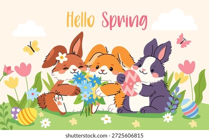  Bonito cartão comemorativo de Páscoa com coelhos adoráveis. Coelhinhos felizes com ovos, flores e cestas em fundos de primavera. Coleção de cartazes de vetor plano para design de feriado de Páscoa.