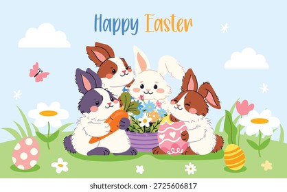  Linda tarjeta de felicitación de Pascua con conejos adorables. Conejitos felices con huevos, flores y cestas sobre fondos de primavera. Colección plana del cartel del Vector para el diseño de vacaciones de Pascua.