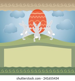 Cute easter greeting card with big empty text area, huge egg and bunnies.
