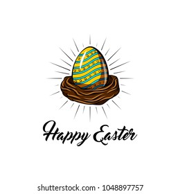 Cute Easter greeting card, bird nest and color eggs in beams. Vector design.