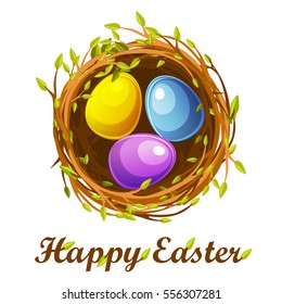 Cute Easter greeting card, bird nest and color eggs, vector design