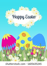 Cute Easter greeting card, bright colors on blue background