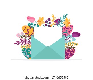 Cute easter greeting card with bright flowers vector illustration. Spring blooming decorations flat style. Envelope with celebration paper. Holiday concept. Isolated on white background