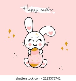 cute easter greeting card easter bunny in vector kawaii cartoon style with egg