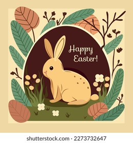A cute Easter greeting card with a bunny sitting on a hill surrounded by flowers and plants. Soft pastel colors and a festive message complete the design.