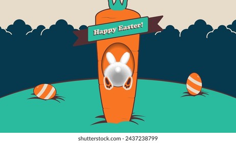 Cute Easter greeting card with bunny crawls into the hole, vector illustration