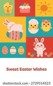 Cute Easter greeting card with bunny chick illustration Happy Easter card cute flat vector illustration Cute card with Easter bunny chick and eggs