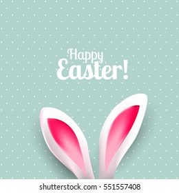 Cute Easter greeting card with bunny ears on blue background with white dots