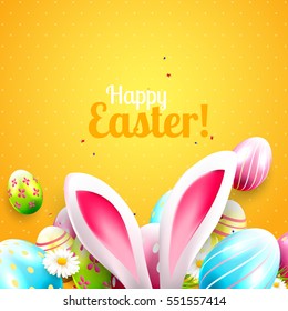 Cute Easter greeting card with bunny ears and Easter eggs