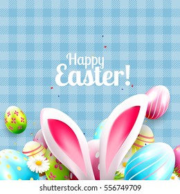 Cute Easter greeting card with bunny ears and colorful Easter eggs on blue background