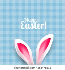 Cute Easter greeting card with bunny ears on blue background