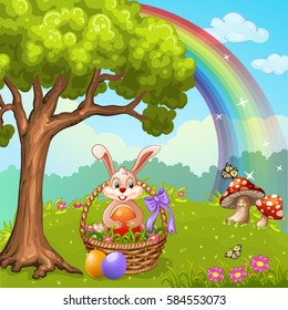 Cute Easter greeting card with bunny Easter ,eggs and flowers 