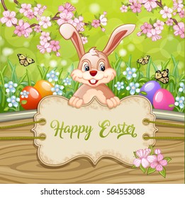 Cute Easter greeting card with bunny Easter ,eggs and flowers on wooden sign and green background 