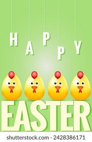 Cute easter greeting card with chicks character on a green background. Vector illustration