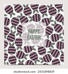 Cute Easter greeting card, cover, poster, label, flyer, banner with funny bunny ears eggs in pink and green color palette
