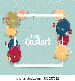 Cute Easter greeting card with Easter eggs and flowers on blue background with white dots