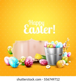 Cute Easter greeting card with Easter eggs and paper label with place for your logo or message