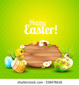 Cute Easter greeting card with Easter eggs and wooden sign with place for your logo or message