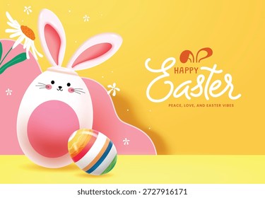 Cute Easter greeting card featuring a bunny egg character and a patterned egg on a yellow background with pink wavy accents.