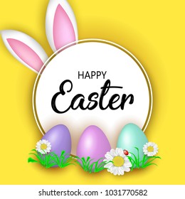 Cute Easter greeting card with flowers, Easter eggs and Rabbit ears on yellow background. Vector illustration