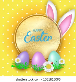 Cute Easter greeting card with flowers, Easter eggs and Rabbit ears on yellow background. Vector illustration