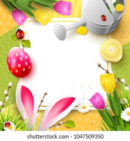 Cute Easter greeting card with flowers, Easter eggs and watering can on geometric green/orange background