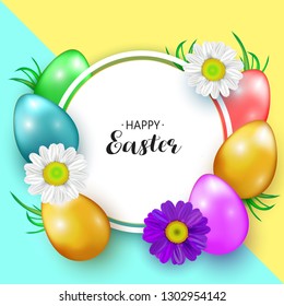 Cute Easter greeting card with flowers, Easter eggs  on yellow and blue background. Vector illustration