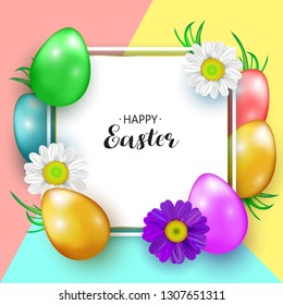 Cute Easter greeting card with flowers, Easter eggs  on yellow and blue background. Vector illustration
